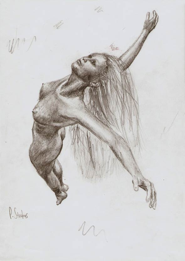 Graphite concept sketch of a woman ascending.