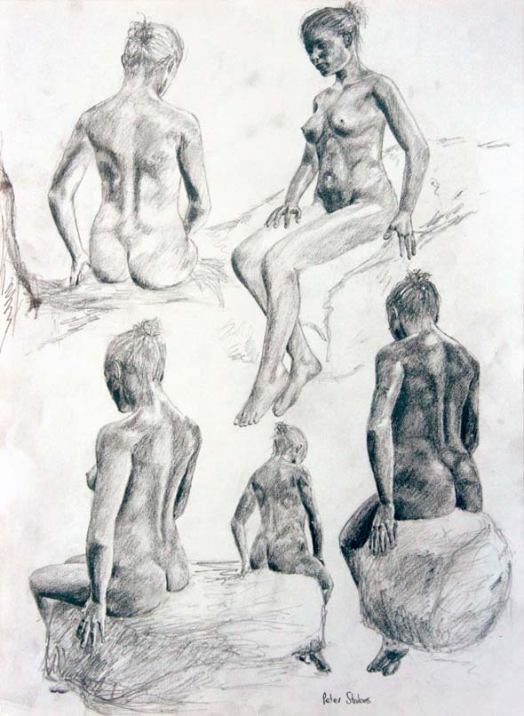 Rough concept sketches of a woman posing, by Peter Strobos.