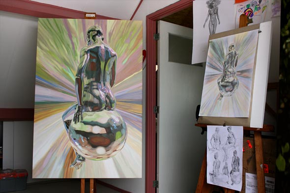 Oil painting progress with sketches in studio, La trascendencia by Peter Strobos.