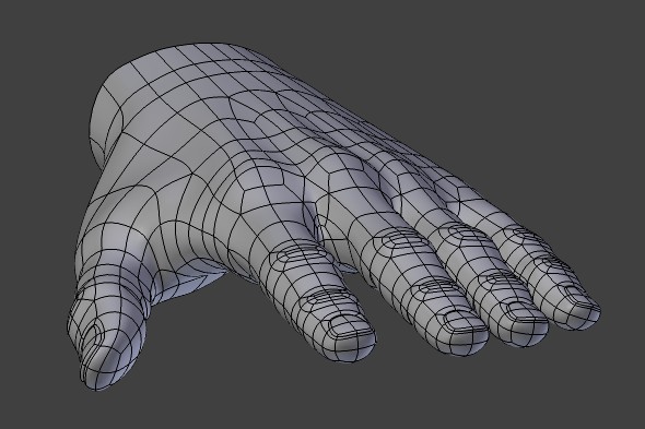 Polygonal hand mesh adjustments, improving topology flow.