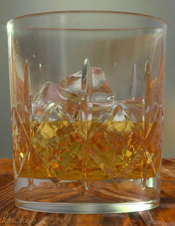 Crystal whisky glass 3D rendering close-up.