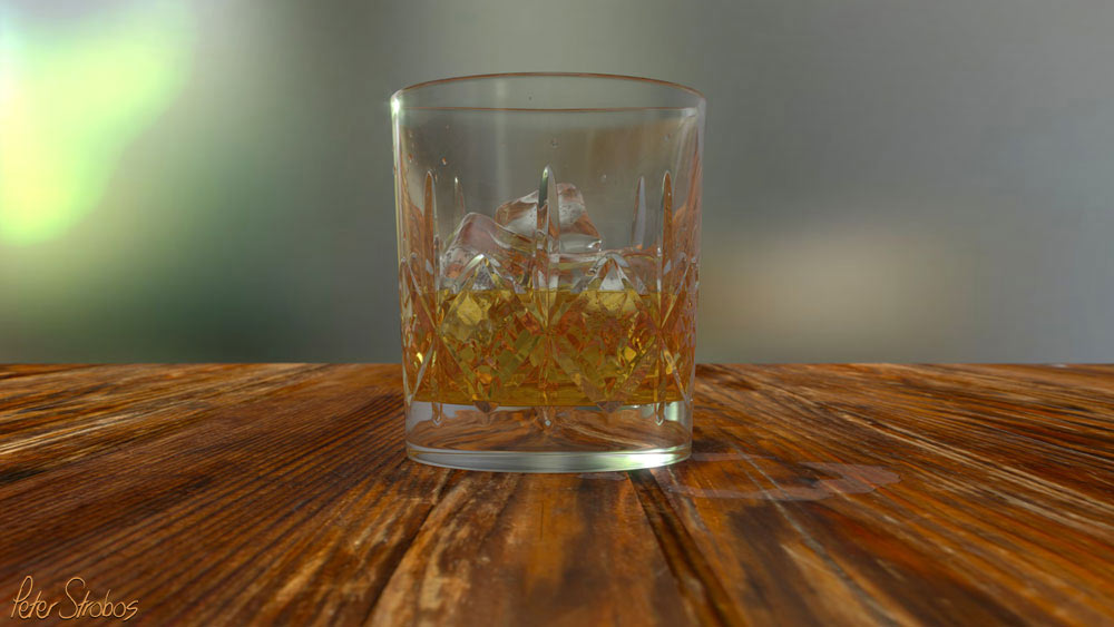 Crystal whisky glass on wooden table 3D rendering.