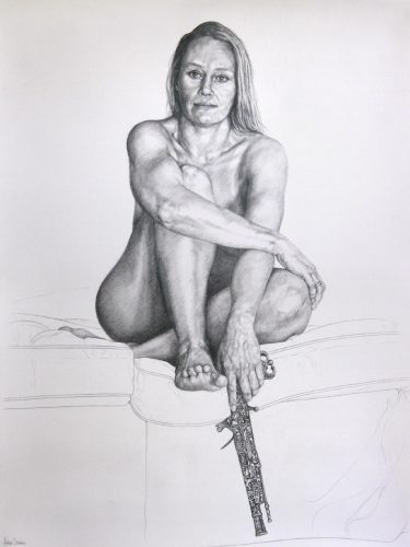 Graphite drawing by Peter Strobos of a woman posing with flintlock.