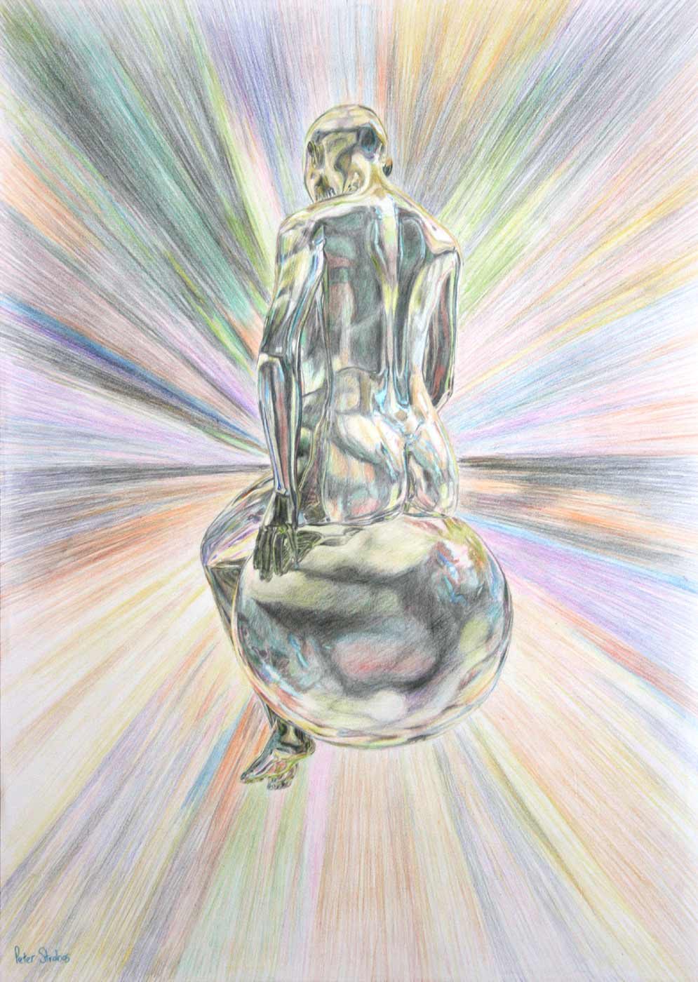 Colour concept drawing of a woman resting on a sphere.