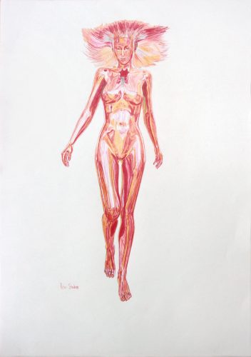 Colour concept drawing of a woman walking, frontal view.