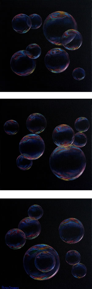 Oil on canvas painting triptych of dark soap bubbles by artist Peter Strobos.