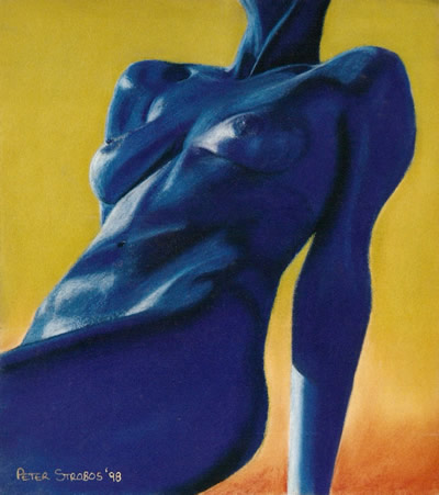 Pastel on paper drawing of a female nude figure in blues on yellow by artist Peter Strobos.