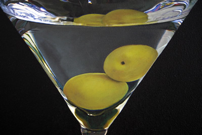 Close-up detail of two green olives in a Vodka Martini oil painting by artist Peter Strobos.
