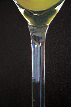 Close-up detail of the stem of a Martini glass oil painting by artist Peter Strobos.