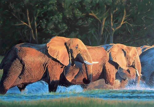 Oil on canvas painting of a herd of African elephants charging through shallow water by artist Peter Strobos.