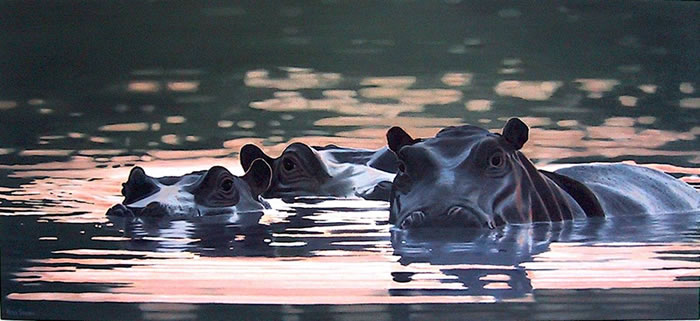 Oil on canvas painting of three hippos wallowing at sunset by artist Peter Strobos.