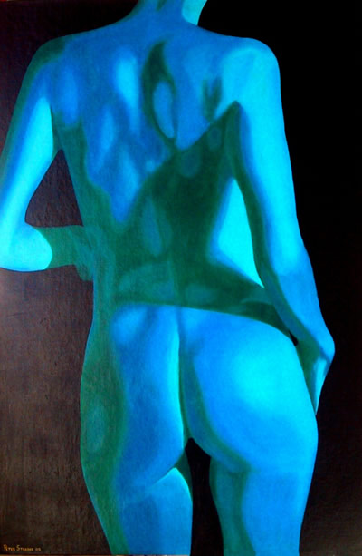 Oil on canvas board painting of a nude female figure from behind in blues and green by artist Peter Strobos.