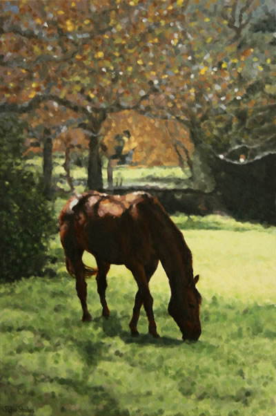 Impressionist style oil on canvas painting of a horse grazing in a leafy meadow in Noordhoek, Cape Town by artist Peter Strobos.