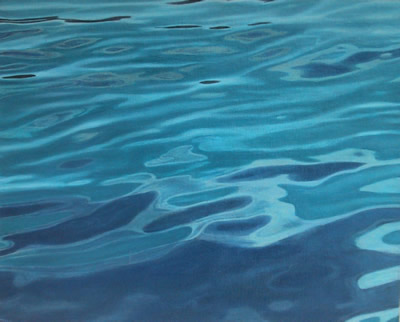 Oil on canvas board painting of turquoise water reflections by artist Peter Strobos.