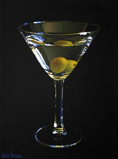 Oil on canvas painting of a Martini cocktail with olives by artist Peter Strobos.