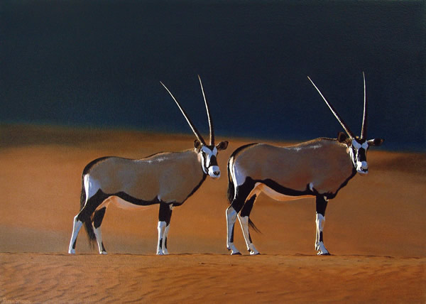 Oil on canvas painting of two oryx on a Namib dessert dune at sunset by artist Peter Strobos.