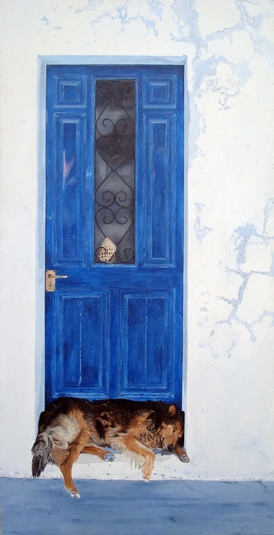 Oil on canvas painting of a dog sleeping in a blue doorway in the seaside village of Cadaqués, Catalunya by artist Peter Strobos.