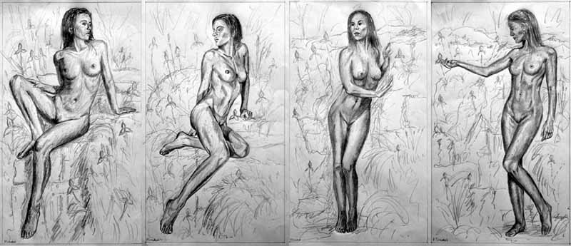 Graphite concept sketches on paper of several female nude poses in nature by artist Peter Strobos.