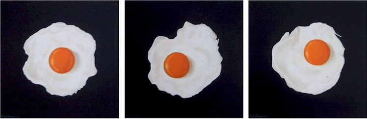 Oil on canvas painting triptych of three eggs sunny side up by artist Peter Strobos.