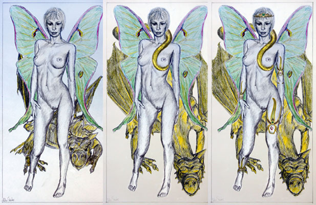 Graphite and coloured pencil concept drawings on paper of a winged fantasy female nude with her golden dragon by artist Peter Strobos.
