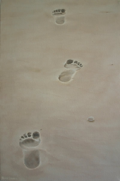 Oil on canvas painting of footprints and a shell on the beach by artist Peter Strobos.