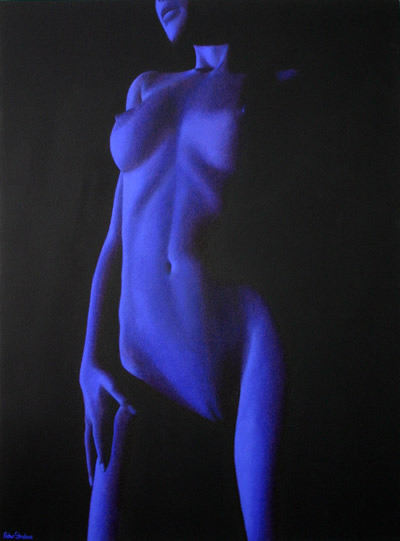Oil on canvas painting of a nude female figure in deep blue by artist Peter Strobos.