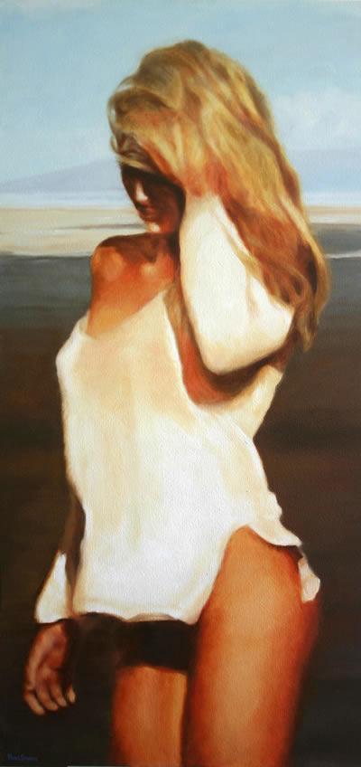 Impressionist style oil on canvas painting of a blonde woman in warm sunlight by artist Peter Strobos.