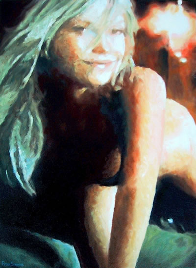 Impressionist style oil on canvas portrait painting of a playful blonde woman by artist Peter Strobos.