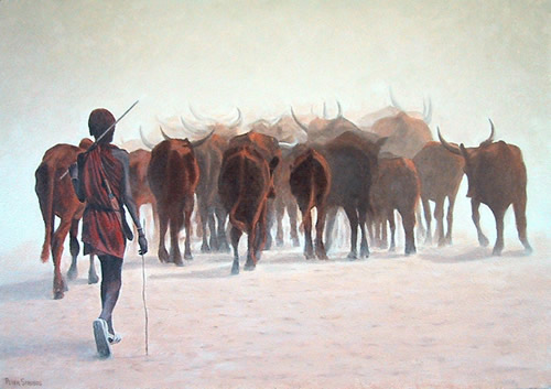Oil on canvas painting of a Maasai boy herding cattle by artist Peter Strobos.