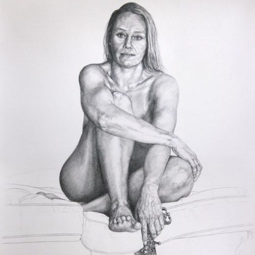 Graphite pencil drawing of a woman posing, by Peter Strobos.