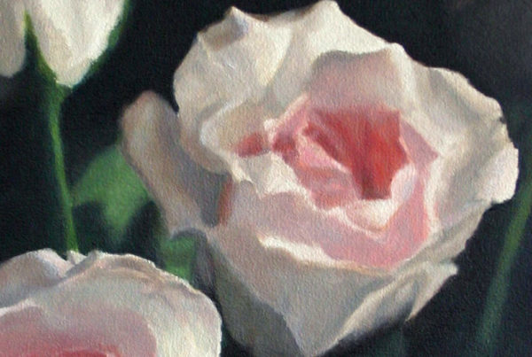 Oil on canvas painting close-up of pale pink roses by artist Peter Strobos.