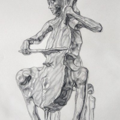 Fluidity concept sketch depicting a cellist seated, playing her cello.