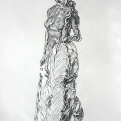 Fluidity concept sketch depicting a cellist standing with her bow and cello.