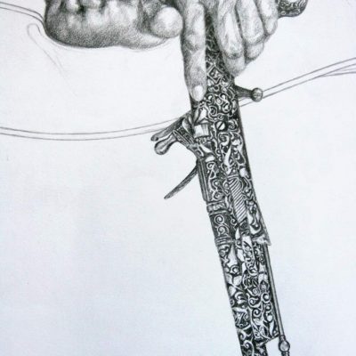 Detail from the graphite pencil study of the engraved flintlock pistol.