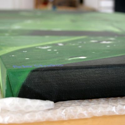 Side view showing the painting's gallery wrap, depth and texture.