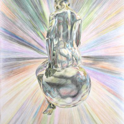 Colour concept drawing of a woman resting on a sphere.