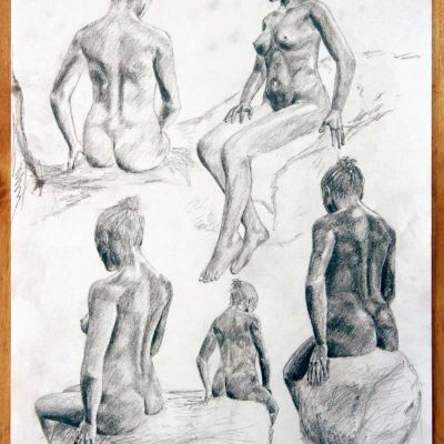 Rough pencil sketches of a seated woman posing.