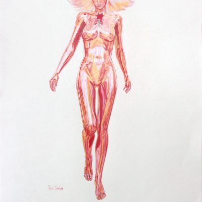 Colour concept drawing of a woman walking, frontal view.