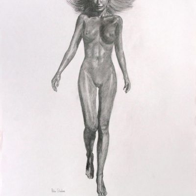 Rough pencil drawing of a woman walking, frontal view.