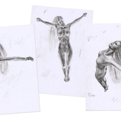 Graphite pencil rough sketches of a woman rising.