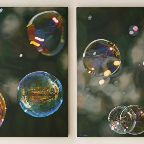 Oil painting diptych by Peter Strobos of soap bubbles.