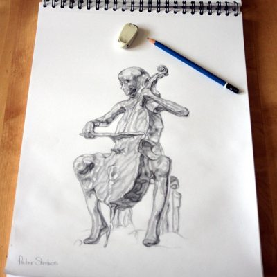 Concept drawing of cellist and cello merged as fluid.