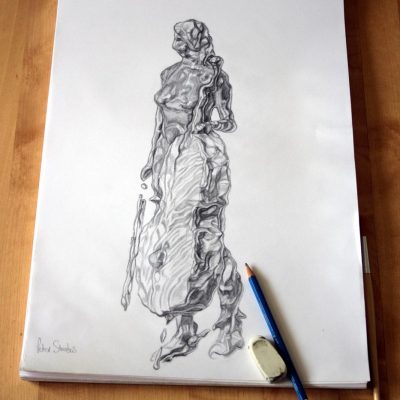 Concept drawing of cellist and cello imagined in fluid form.