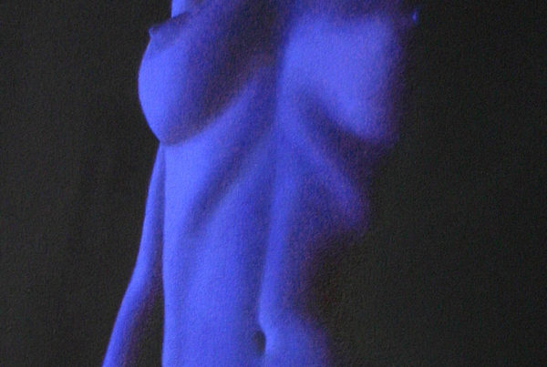 Oil on canvas nude painting close-up of a female figure in deep blue by artist Peter Strobos