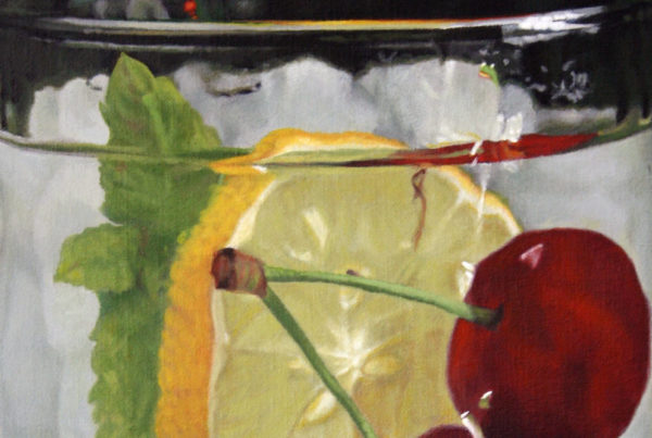 Oil on linen painting close-up of a glass of water with cherries, lemon and mint leaves by artist Peter Strobos.