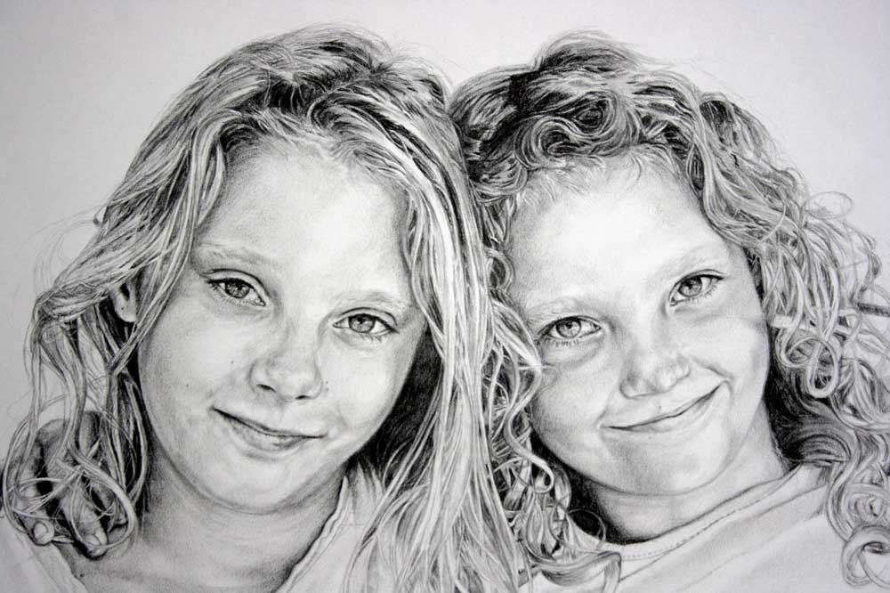 A graphite portrait of two children by Peter Strobos.