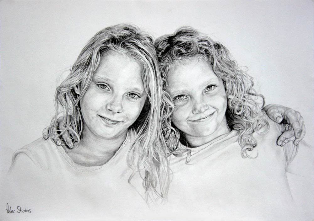 A graphite portrait of sisters hugging by Peter Strobos.