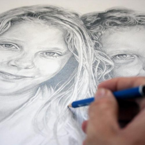 Drawing hair detail for a children's portrait by Peter Strobos.