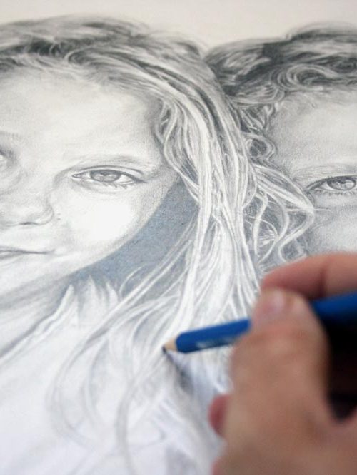 Drawing hair detail for a children's portrait by Peter Strobos.