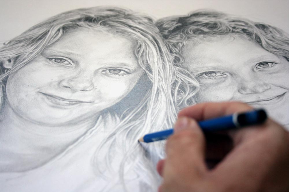 Drawing hair detail for a children's portrait by Peter Strobos.